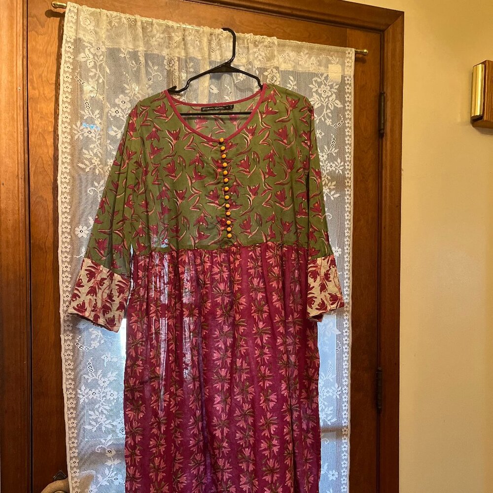 Gudrun Sjoden Green and Pink Midi Cotton Dress. Size XL. EUC. $75